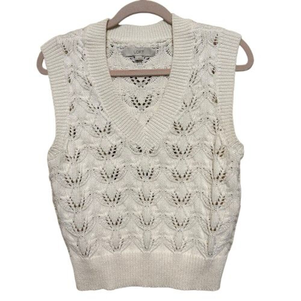 Loft Pointelle V-Neck Crochet Chunky Knit Sweater Vest Size Small Cream